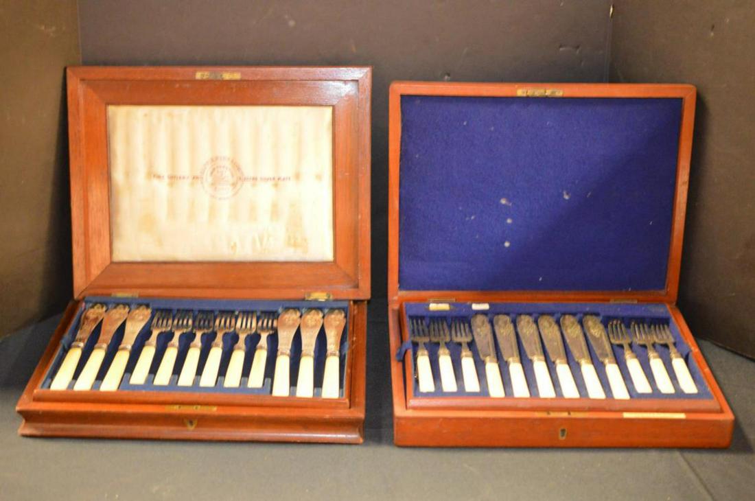 Pair Of Vintage Flatware Sets: Pair Of Vintage Flatware Sets. Box one contains total 12 pieces. 6 forks and 6 knives. Mappin, Webb & Co. Electro Silver Plate. There are some cracks on the handles of some of the forks and knives. Bo