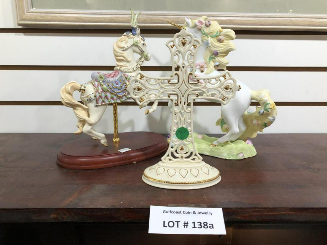 Three Pieces of Porcelain, Lenox and Princeton: Two Carousel horses, one with wooden base, 10 1/4"h. and 9 3/4"h. and a jeweled cross, 8 1/4"h.