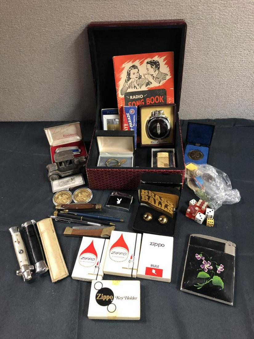 Awesome Lot Vintage Items Knives Lighters Pens: Awesome Lot Vintage Items including Knives, Lighters, Pens, and much more. We spot a Playboy lighter, Brass Balls, vintage dice, a cast iron small toy car, some old marbles, but what's really neat are