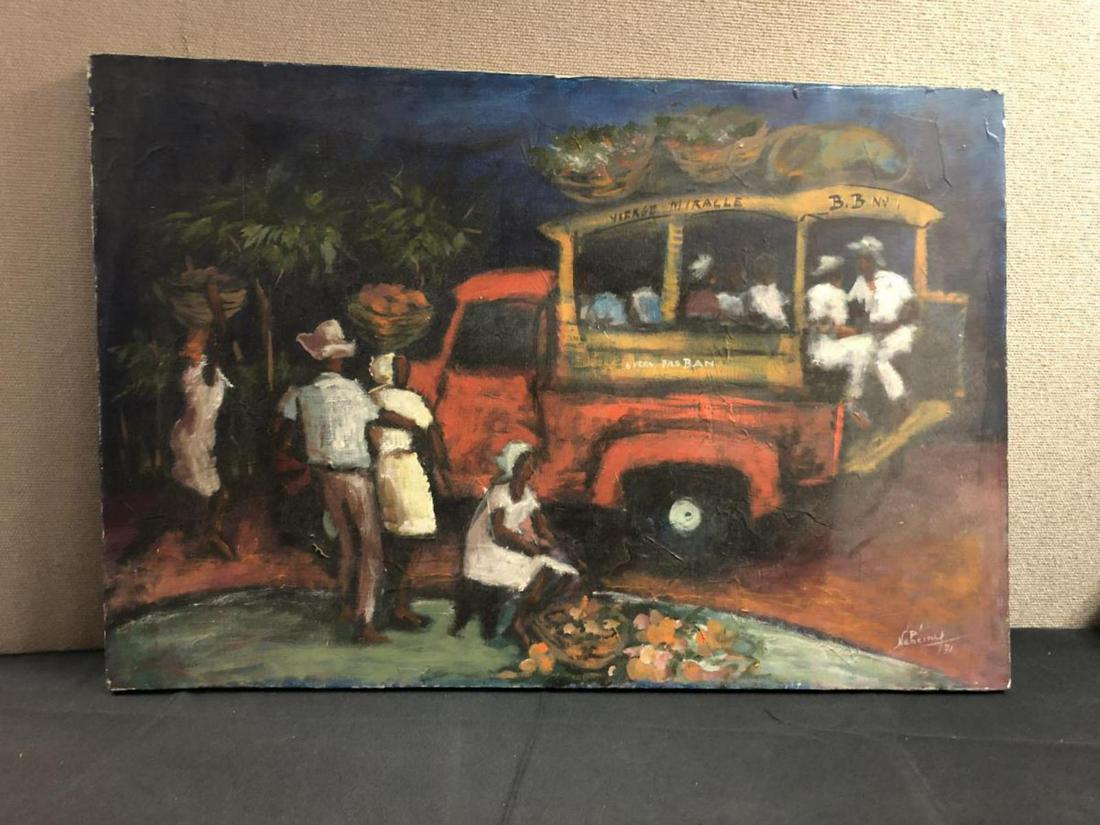 Vintage Haitian Art Oil on Canvas Impressionism: Vintage 1940's Signed Impressionist Original Oil on Canvas Haitian Art with some impasto areas. Signed lower right Nepherny (?) '41. A depiction of public or private group transit. Size: 30"x20".