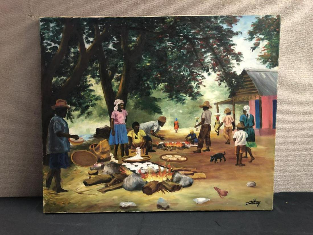 Vintage Haitian Art Oil on Canvas Impressionism: Vintage 1950's to 60's Signed Impressionist Original Oil on Canvas. Haitian Art. Signed bottom right by Delhy (?). Appears to be mid-century, 1950's. A great depiction of Haitian life. Size: 24"x20"..