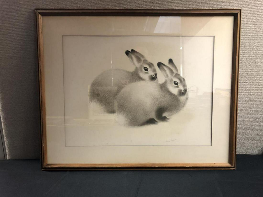 Framed Drawing Etching of Bunnies By Sikker Hansen: Framed Drawing Of 2 Bunnies By Sikker Hansen. Signature in bottom right. Wood frame. Dust cover paper ripped on back. Measures 30 1/2"x24 3/4".