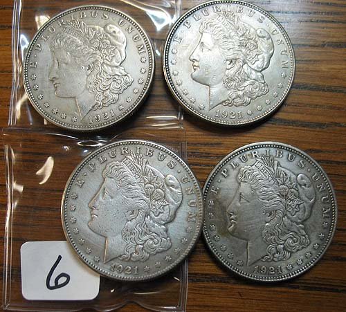 Lot of 4 1921 Morgan Silver Dollars - Circulated - 2
