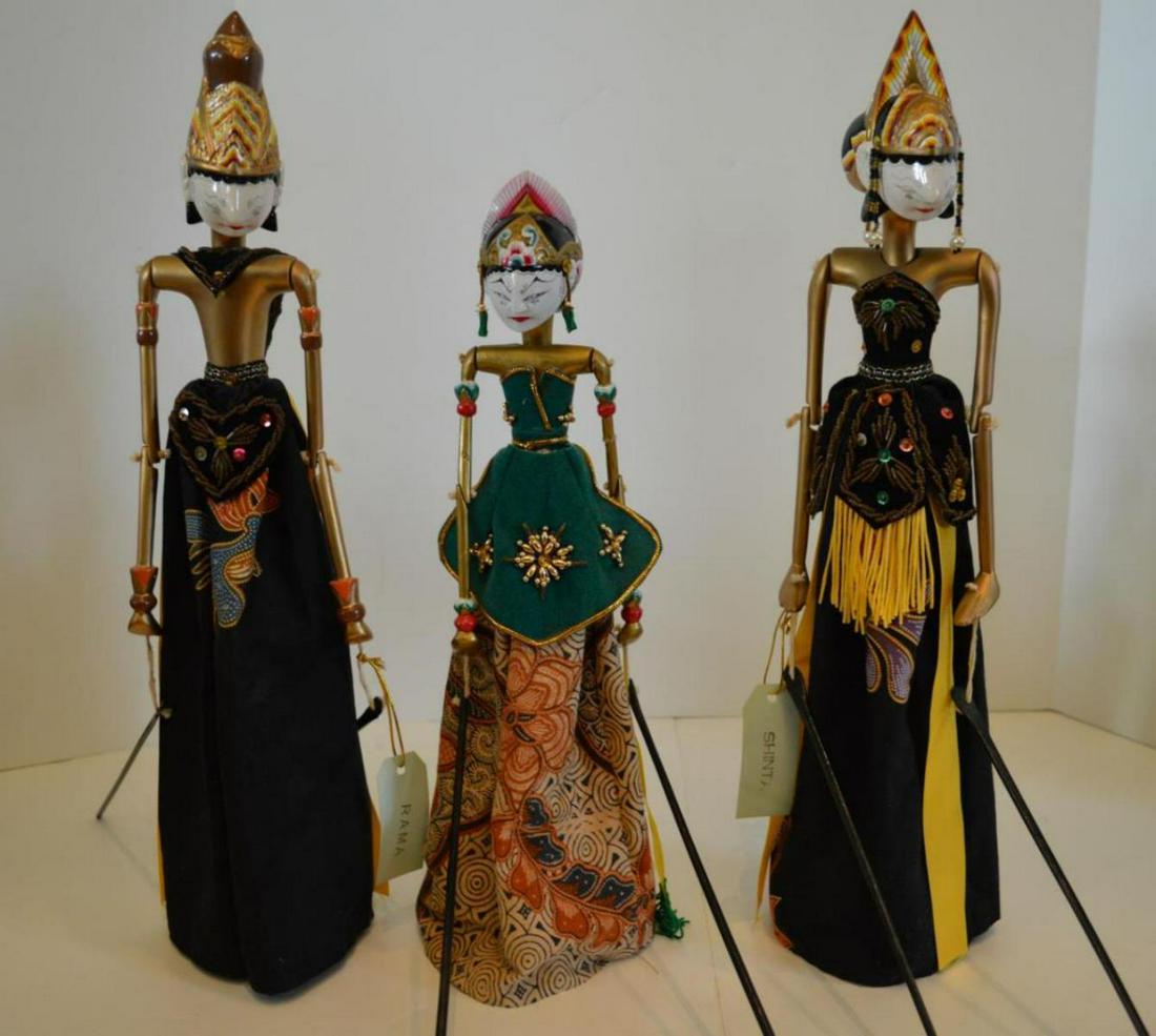 Three A. Ruchiyat Shinta Dancing Doll Puppets: Three A. Ruchiyat Puppets. Wooden and painted puppets pertaining to the Ramayana Story, 16" to 19"h.