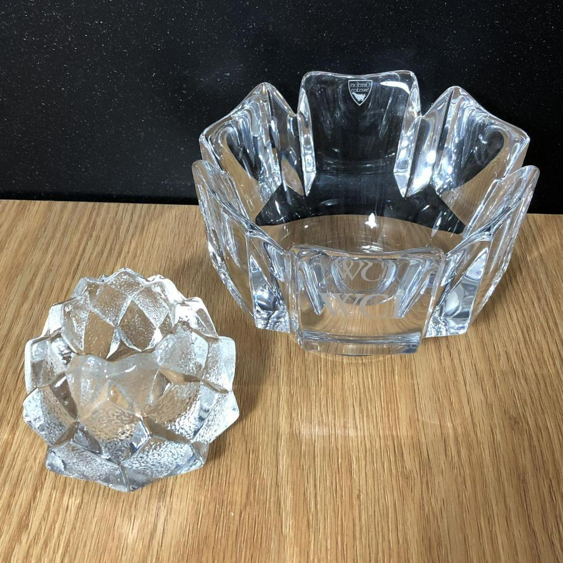Orrefors Sweden Crystal Avant Garde Bowl & Votive: Orrefors Sweden Crystal Avant Garde Bowl & Votive. The bowl is etched WCI on one panel, and measures 5.5" in diameter, and sits 3.5" tall. Orrefors sticker still attached, and makers name etched on bo