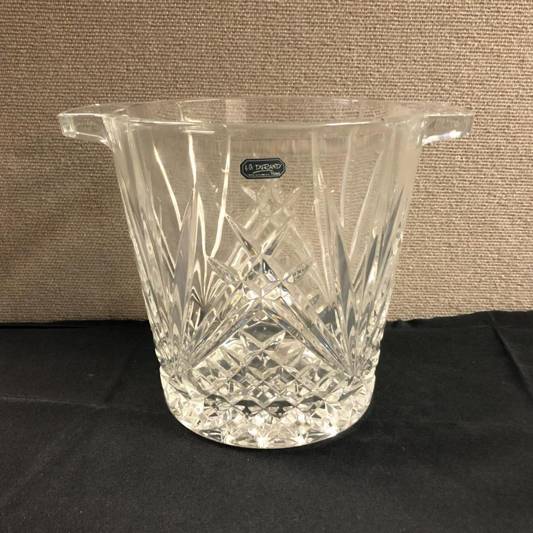 J.G. Durand Clear Crystal Ice Bucket 8" Tall: J.G. Durand Clear Crystal Ice Bucket. Stands 8" tall and 9 1/2" across. The original sticker is still attached.