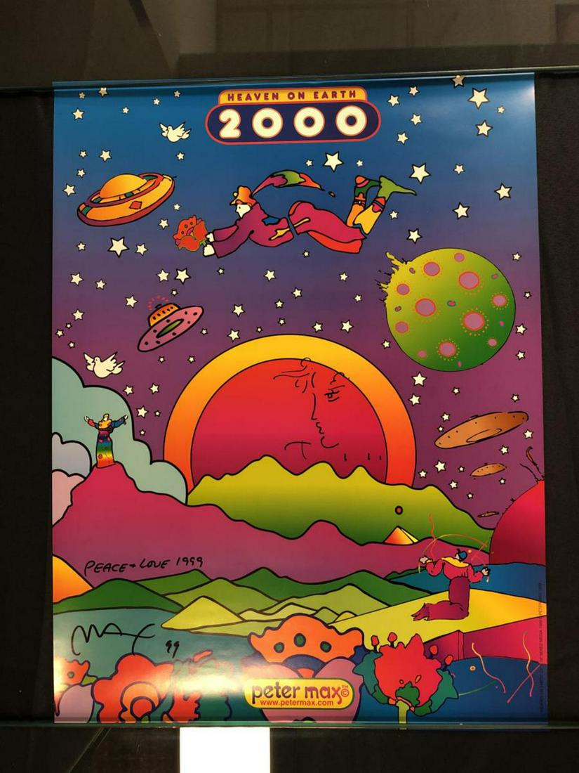 Peter Max Signed Poster "Heaven on Earth 2000": Peter Max Signed Colorful Poster of "Heaven on Earth 2000". A lithographic copy on heavy gloss paper of the original Peter Max work from 1999. Signed & personalized in the bottom left "Peace & Love 19