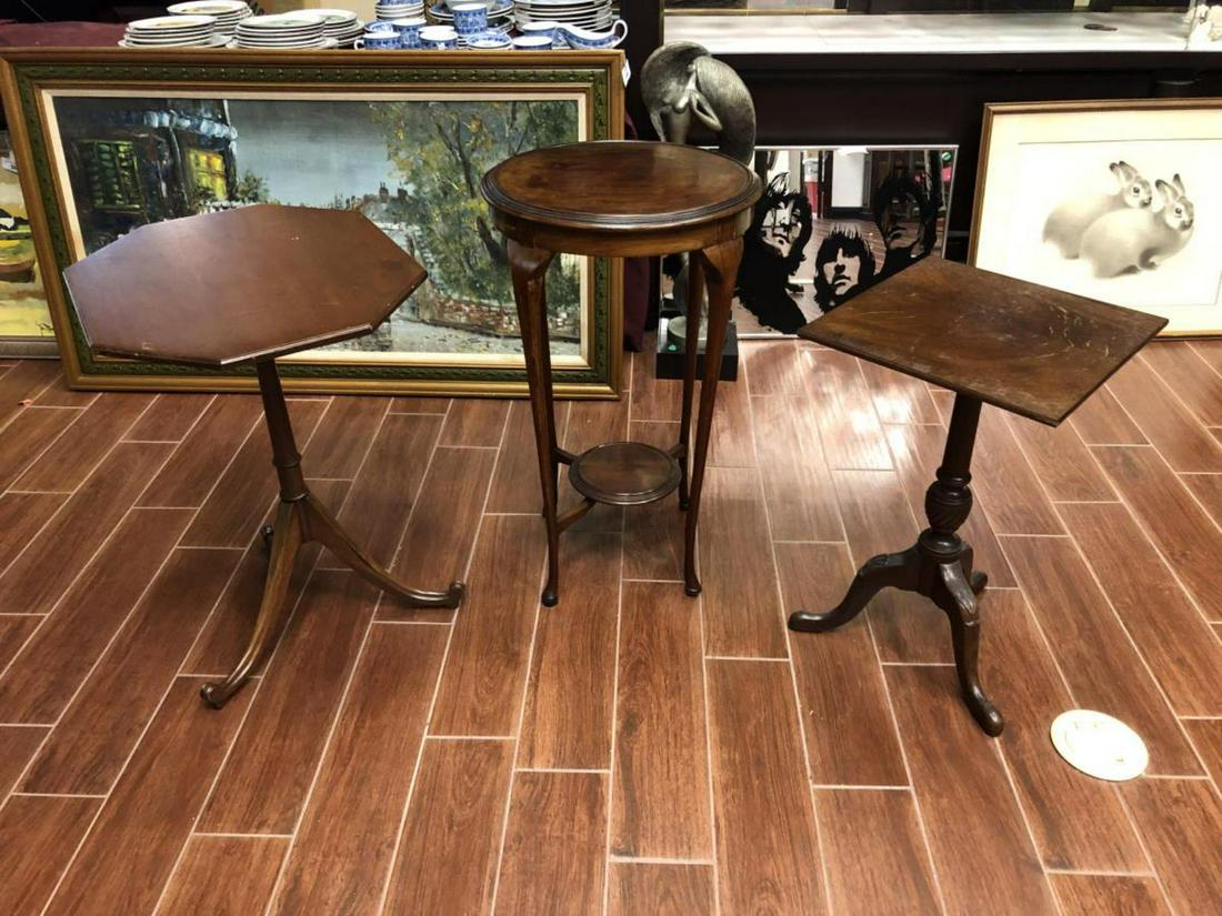 Lot of 3 Vintage Wood End Tables: Lot Of 3 Vintage Wood End Tables. Round end table measures 30"x17 1/2". Has missing part at bottom of the leg. Square end table measures 24"x15". Hextagon end table measures 26 1/2" tall and 22"x18" a