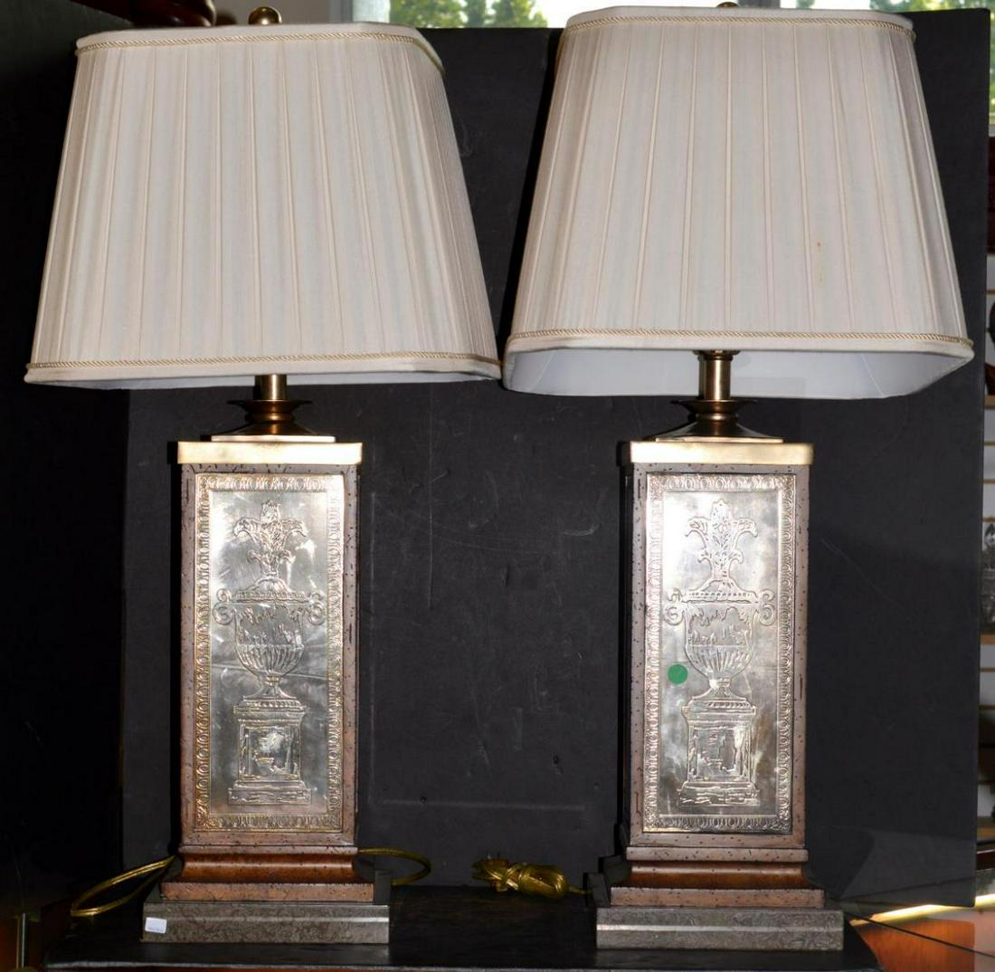 Maitland-Smith Pair of Heavy Desk or Table Lamps: Pair of Heavy Desk or End Table Lamps with Brass Embossed Plates Hand made by Maitland-Smith. The heavy composite body is sandwiched between a heavy square stone laminated base & a solid brass top & i
