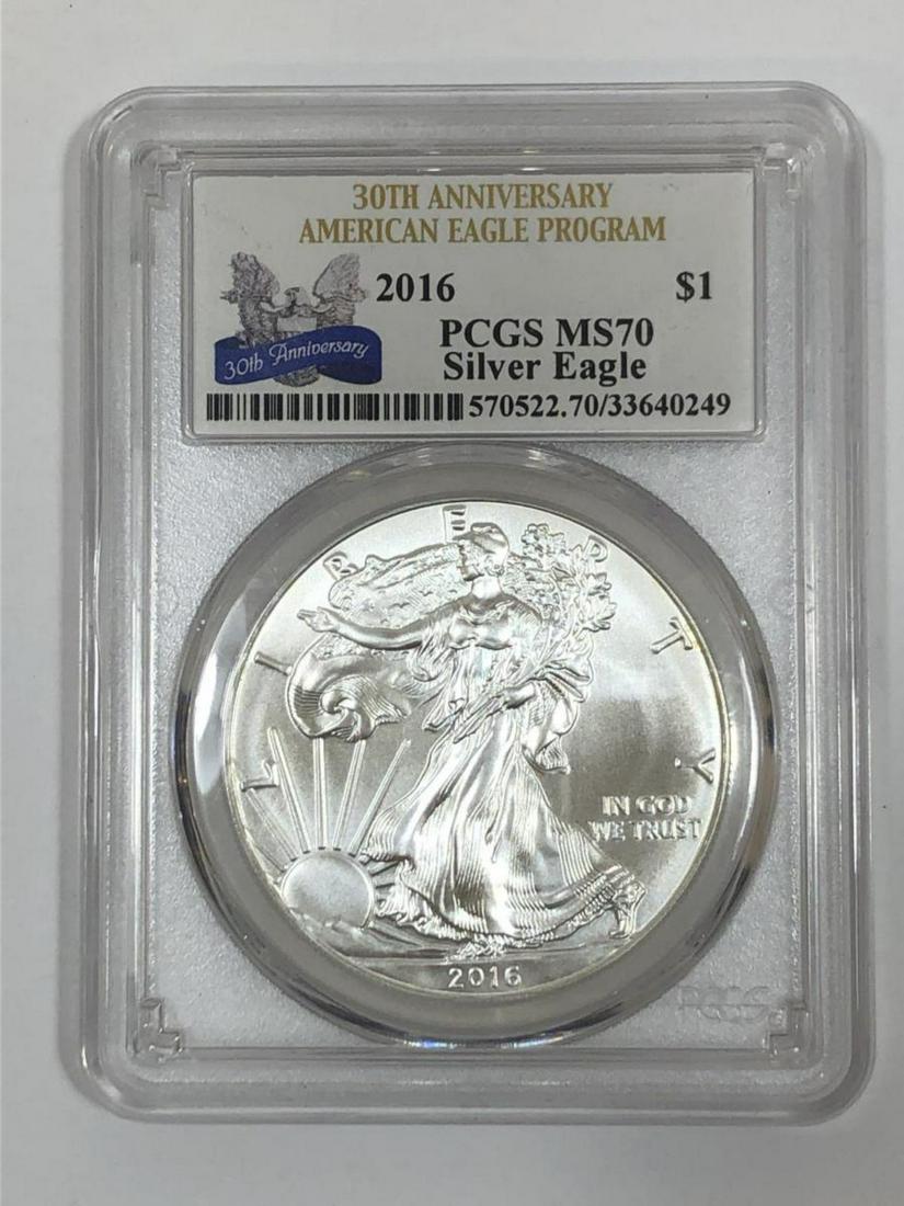 2016 Silver Eagle PCGS MS70 30th Anniversary: 2016 Silver Eagle PCGS MS70 30th Anniversary Label. Perfection Grade, blast white surfaces. The Silver American Eagle is a one-ounce pure silver bullion coin made by the US Government.