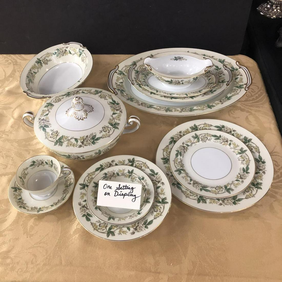 Noritake Floral Pattern China Set 77 pcs.: Noritake Floral Pattern China Set. 77 total pieces. Consists of 1 soup tureen. 1 gravy boat. 12 soup bowl. 1 large platter. 1 small platter. 12 dinner plates. 12 salad plates. 12 coffee cups. 12 sauce