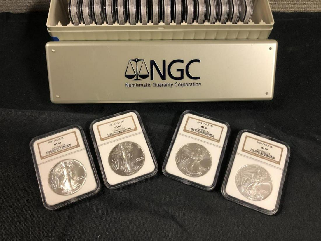 1986-2005 Silver American Eagle Set NGC MS69: 1986-2005 Silver American Eagle Set Date Run, all graded NGC MS69. The first 20 years of this iconic silver coin is represented, from the first year of issue 1986, through 2005. Housed in a NGC Silver