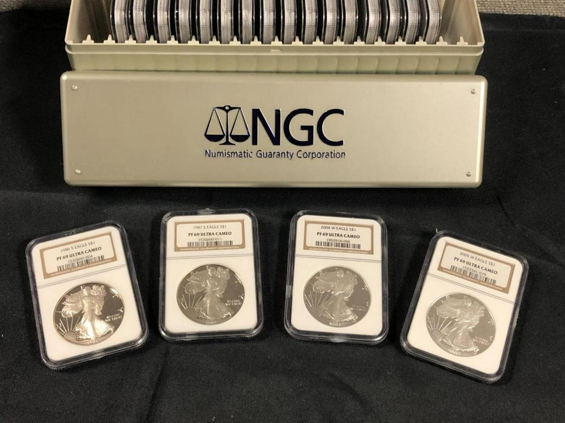 1986-2005 PROOF Silver American Eagle Set NGC PF69: 1986-2005 Proof Silver American Eagle Set Date Run, all graded NGC PF69 Deep Cameo. Each coin offers deep mirrored fields and frosty cameo devices. The first 20 years of this iconic silver coin is rep
