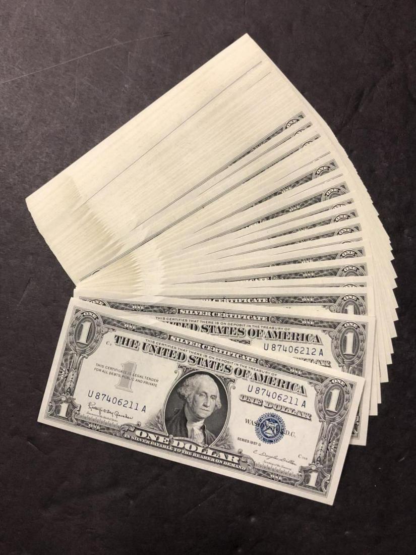 1957-B $1 Silver Certificate 90 pcs Consecutive CU: 1957-B $1 Silver Certificate 90 pcs Consecutive CU. There are ninety notes with consecutive serial numbers, in Crisp Uncirculated condition.
