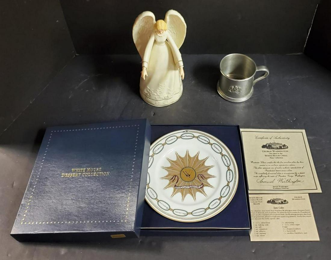 Lot of Eclectic Collectibles Figurine Plate Mug: Lot of Eclectic Collectibles Figurine, Plate, Pewter Mug. This listing will include a boxed plate from the White House Dessert Collection with COA & recipe card. A pewter mug with handle from Ralph La