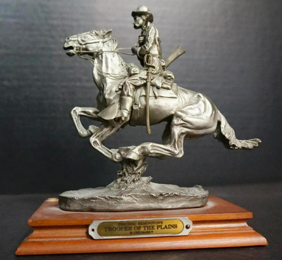 Chilmark Fine Pewter "Trooper Of The Plains": Chilmark Fine Pewter " Trooper Of The Plains", Sculpture by Frederick Remington, number 393/2500, 1989. The base measures 5" x 3", and the overall sculpture has a height of 6".