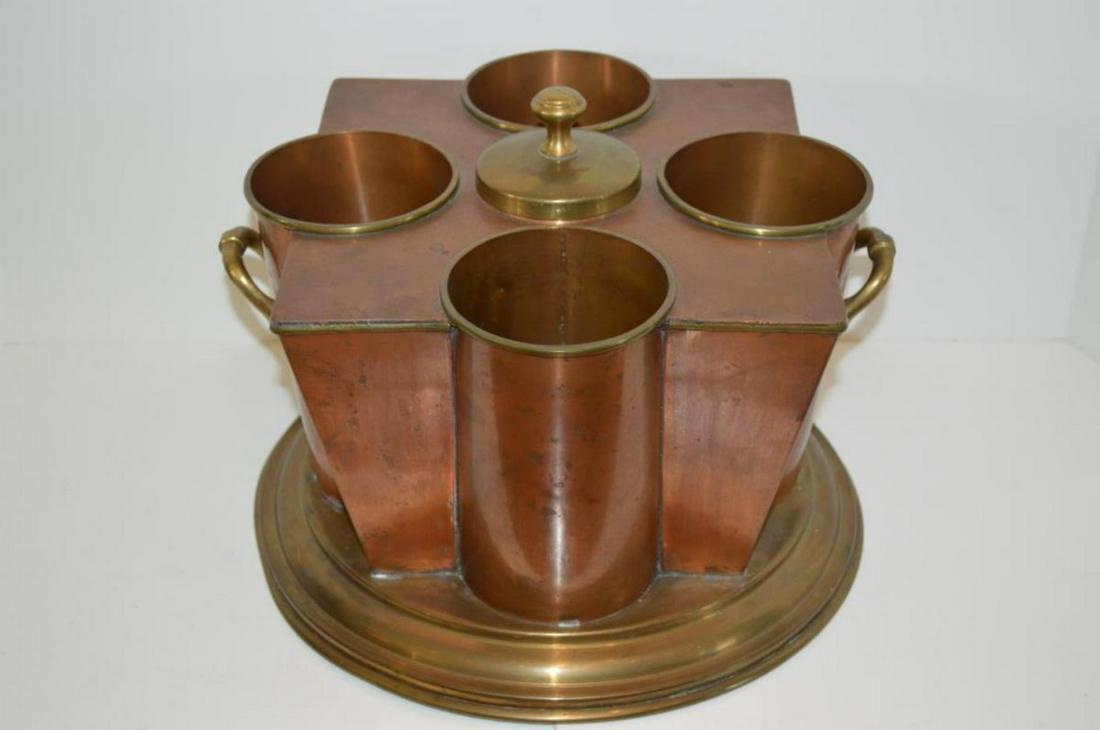 Copper & Brass Bottle Cooler w/ Central Reservoir: Bottle Cooler. Copper and brass cooler with central reservoir for ice and four bottle slots, 10"h.