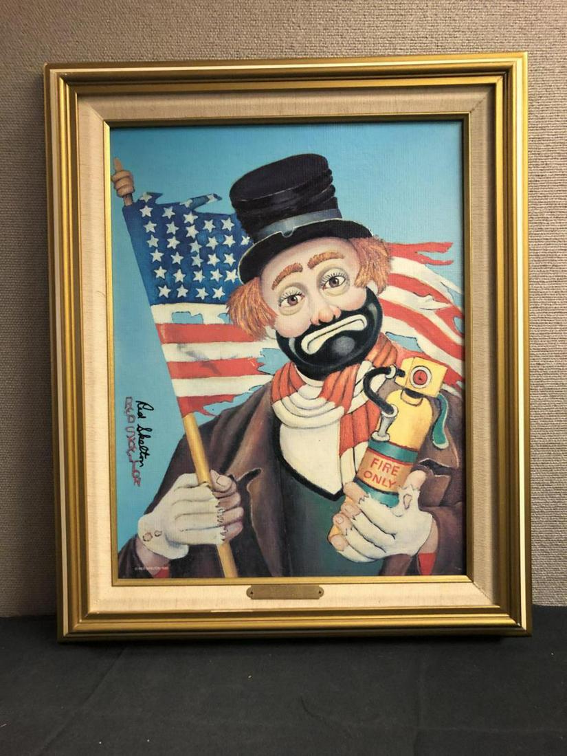 Red Skelton Old Glory Signed Canvas Print w/COA: Red Skelton Signed & Framed Canvas Print titled "Old Glory", with COA, #1576/5000. High quality canvas transfer print that gives the appearance of the original painting's texture. Brass title plate at