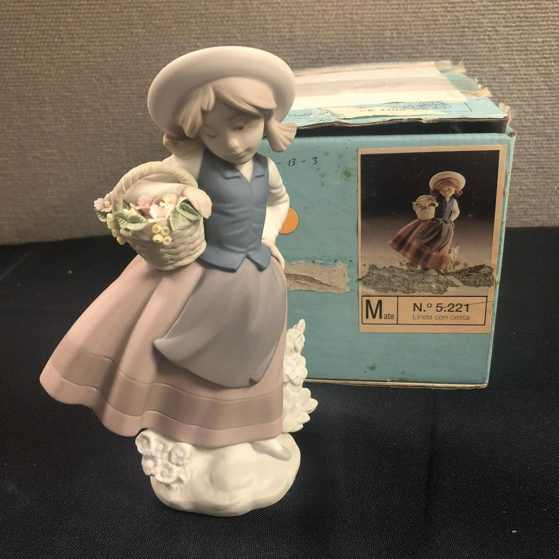 Lladro 5221 Sweet Scent Girl & Flowers, w/Box: LLadro Linda Con Cesta Sweet Scent, In The Box. Mate number 5221. Sweet scent flower girl. Stands 6 1/2" tall.