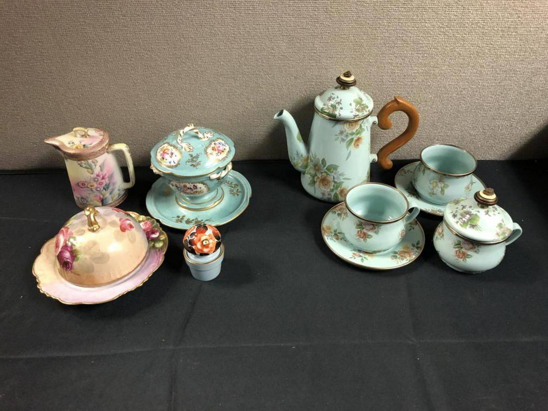 10 Pieces of Assorted Porcelain: 10 Pieces Of Assorted Porcelain. Tea cups, Pitcher, Candy Bowl etc, from Limoges, Imperial Nippon, Noritake. All hand painted except for the modern made mint green set which is transfer