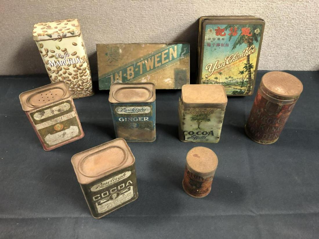 Lot Of Vintage Advertising Tins: Lot Of Vintage Advertising Tins. Total of 9 in the lot. Most of the tins are American. Liggett's Delicious Cocoa. Cafe Marcilla. In-B-Tween Cigars. YanChimkee Coconut Flavored Candies etc.