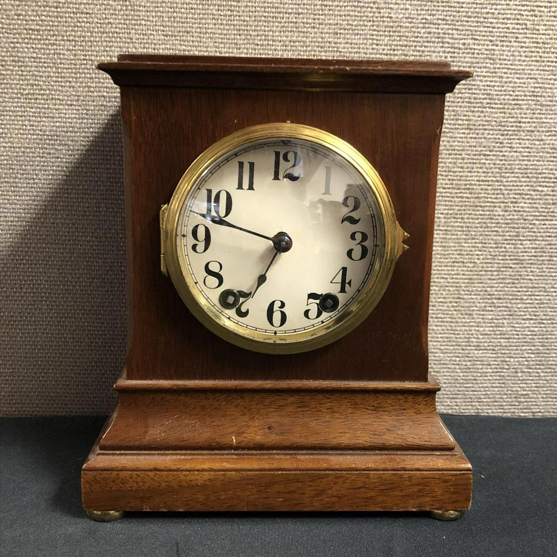 Seth Thomas Mantle Clock: Seth Thomas Mantle Clock. Stands 8 3/4" tall. Back strike English Cabinet Maghony Case Turin Model Circa 1909 Repaired & Cleaned May 1997 By Al Dubin Has some scratches.