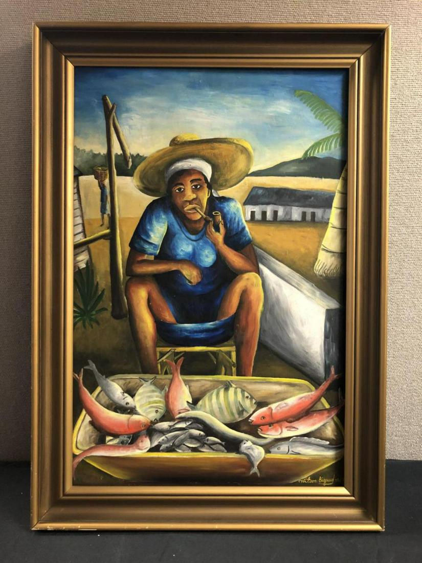 Fish Peddler Original Haitian Art by Wilson Bigaud: Fish Peddler, an original artwork on board by Wilson Bigaud. Depicts a pipe smoking Haitian with his fish for sale. A colorful portriat of Haitian life. Oil on board, by Haitain Artist Wilson Bigaud. 