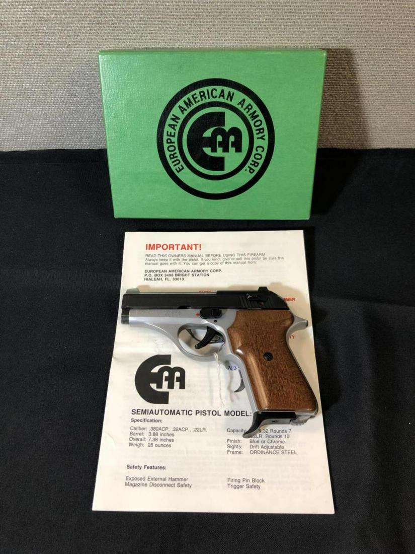EAA .380 Semi Auto Pistol Two-Tone M#EA380: EAA .380 Semi Auto Pistol Two-Tone M#EA380 European in Box with Book. Double action. 3.9" barrel, chrome body & barrel, blue slide. External safety zero snag hammer. Wood grips with metal magazine. Eu