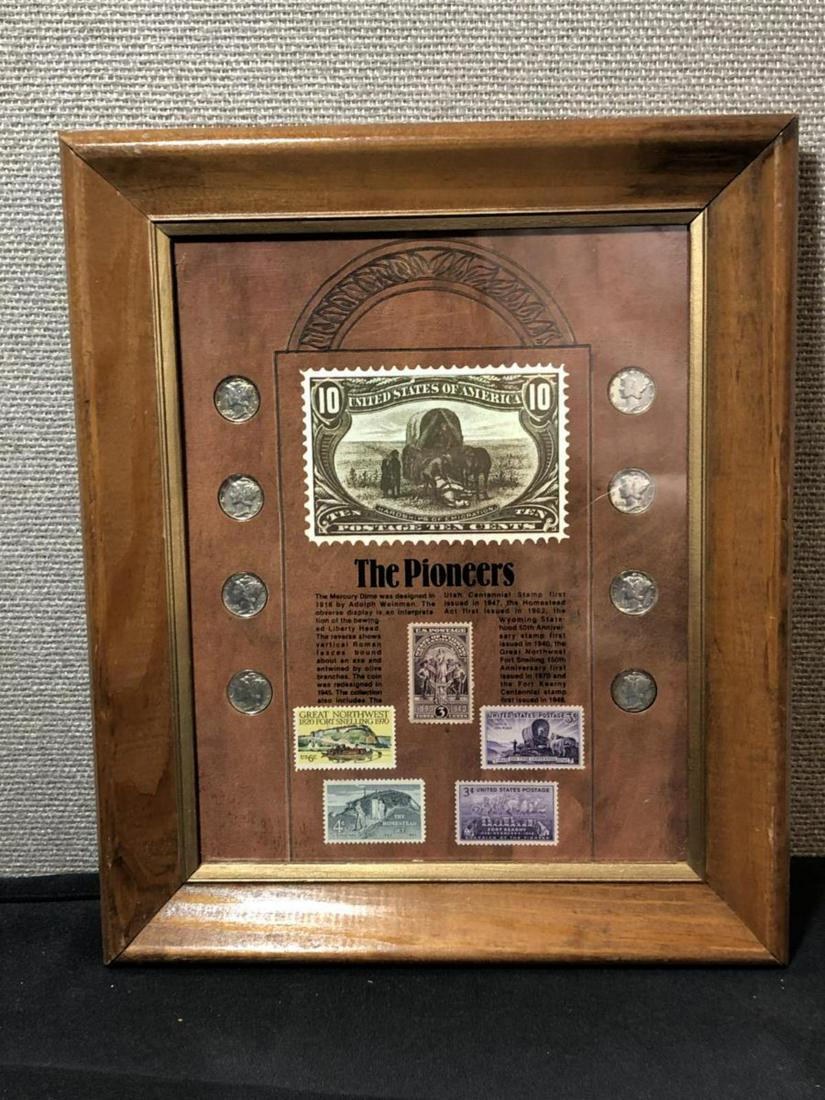 Framed "The Pioneers" w/ 8 Silver Mercury Dimes: Framed "The Pioneers" w/ 8 Silver Mercury Dimes and unused stamps. Wood framed under plexiglass with some historical text.