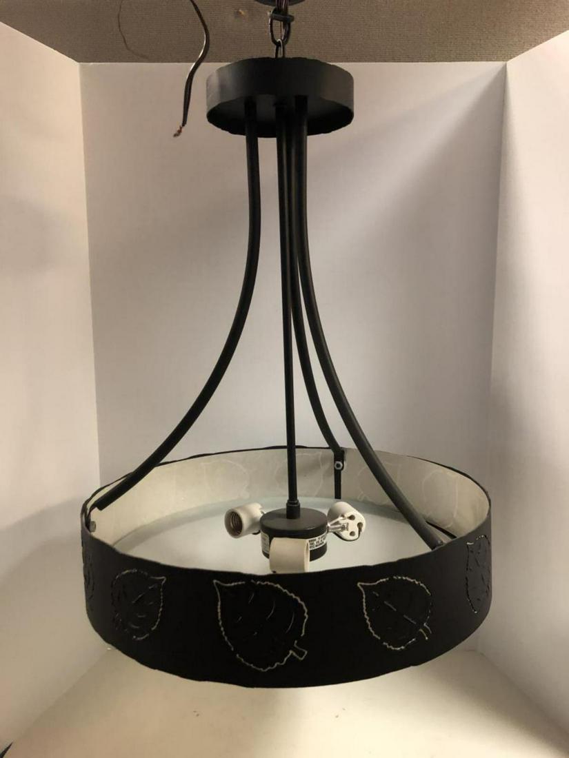 3 Light 110V Electric Hanging Light: 3 Light 110V Electric Hanging Light. Textured flat black finish. Ceiling to bottom of glass is approx 28" & 17 1/2" in diameter. Model#A42007. Aspen Leaf Design/Pattern. Capabilities to add an additio