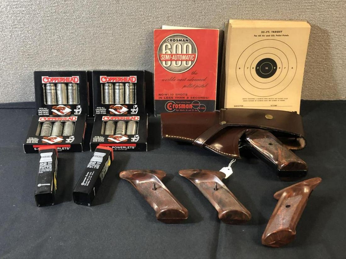 Vintage Collectible Crosman 600 CO2 Pellet Pistol: A Vintage Classic Collectible Crosman 600 Semi-Automatic CO2 Pellet Pistol with Holster & Extra Target Style Grips for Left & Right Handed Shooters. Also included are time the original owners manual &