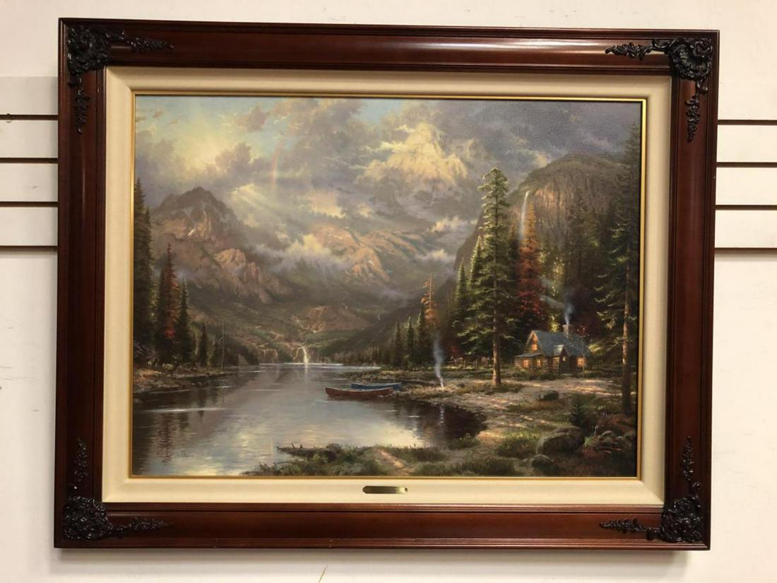 Mountain Majesty Framed Canvas by Thomas Kinkade: Mountain Majesty Framed Canvas by Thomas Kinkade. This signed and numbered limited-edition canavs is #1879/3950 and has been specially hand highlighted as well. All provenance and COA information is a