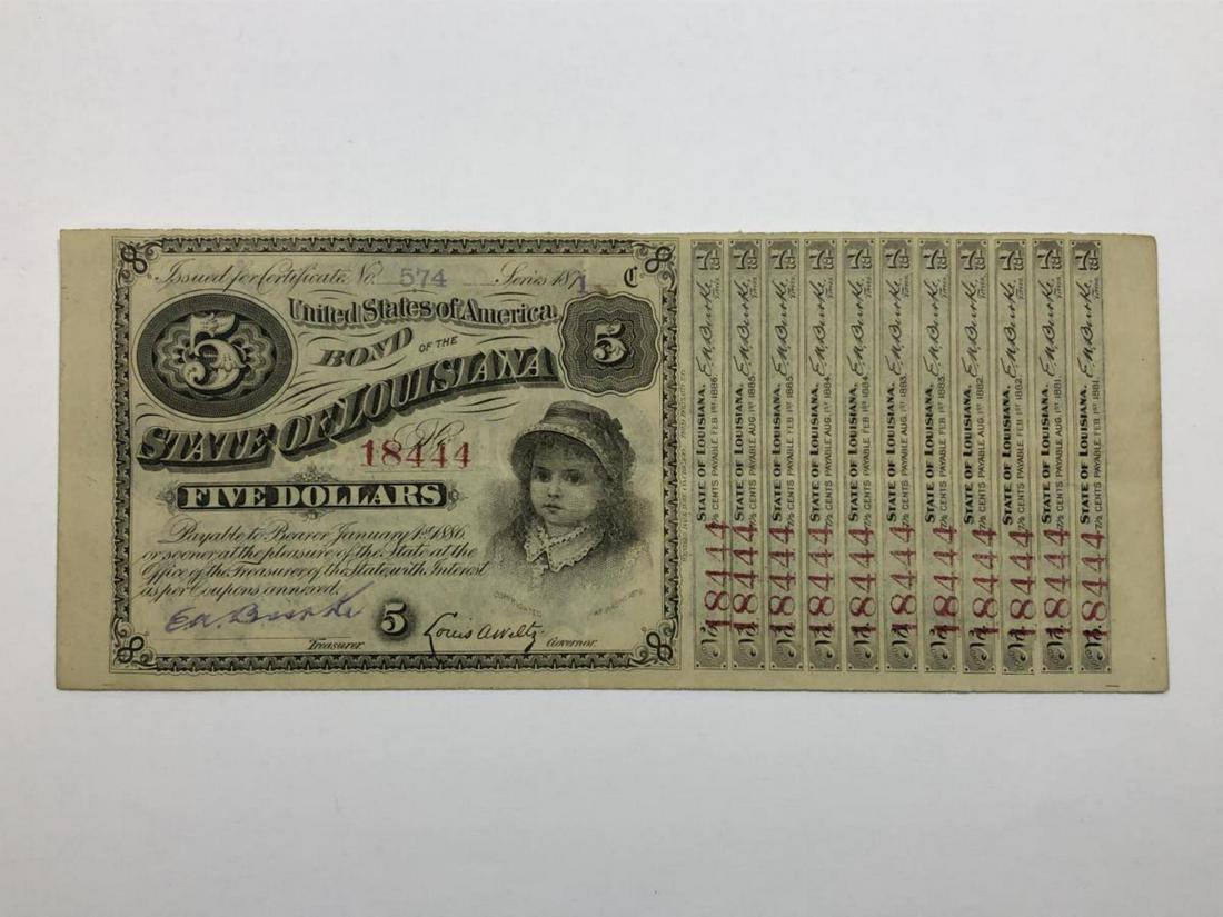 1871 State of Louisiana "Baby" Bond w/Receipts: 1871 State of Louisiana "Baby" Bond with all receipts still attached. Note is in About Uncirculated condition, and has seen very little handling. Referred to as the "Baby" bond as the vignette is of a