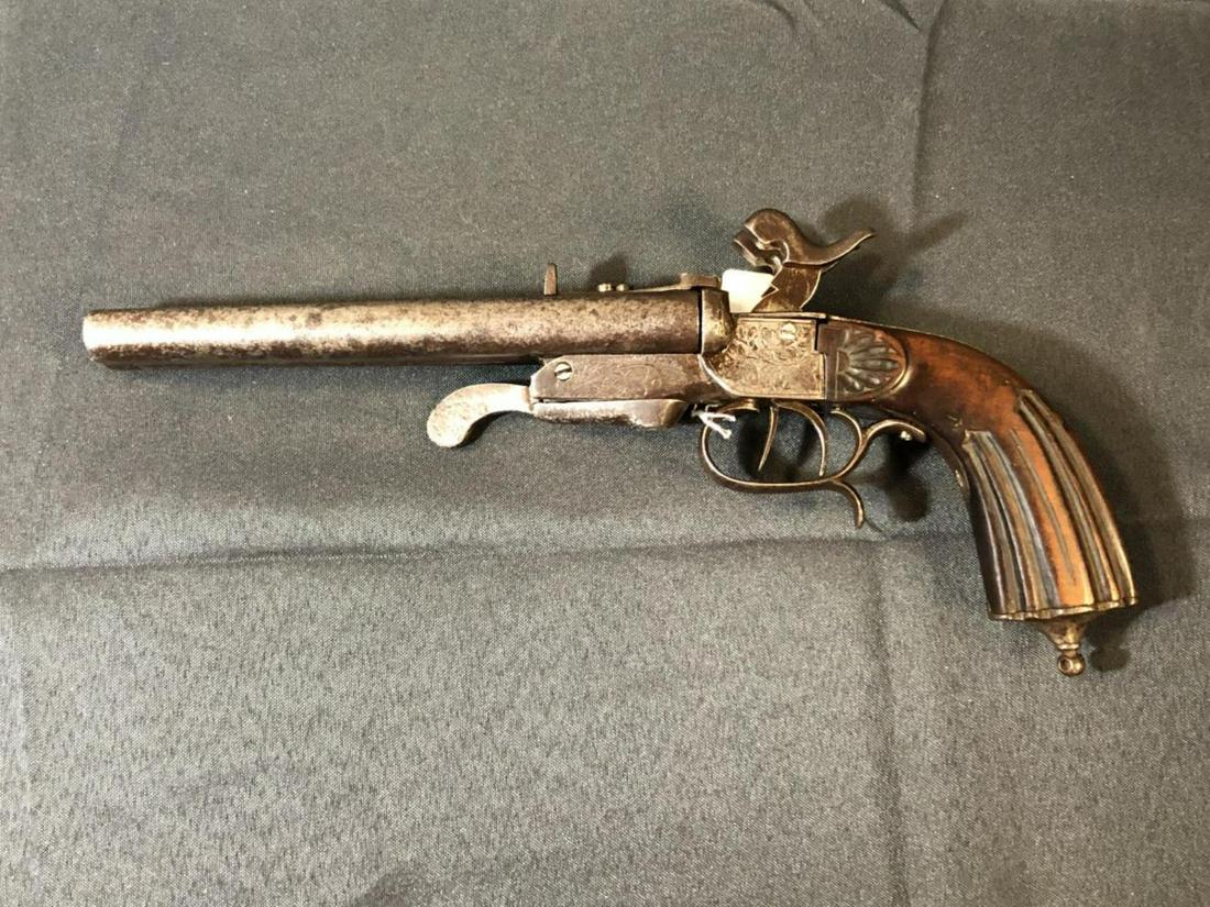 Antique Pin Fire 19th Cent. Shotgun Parlor Pistol: Antique Break Over 19th Century Black Powder Shotgun Parlor Pistol with Belgium Import Marks & Stamps or Proofs. Break over front lever releases the 8" pin fire double barrel. The bore is approx 11mm 