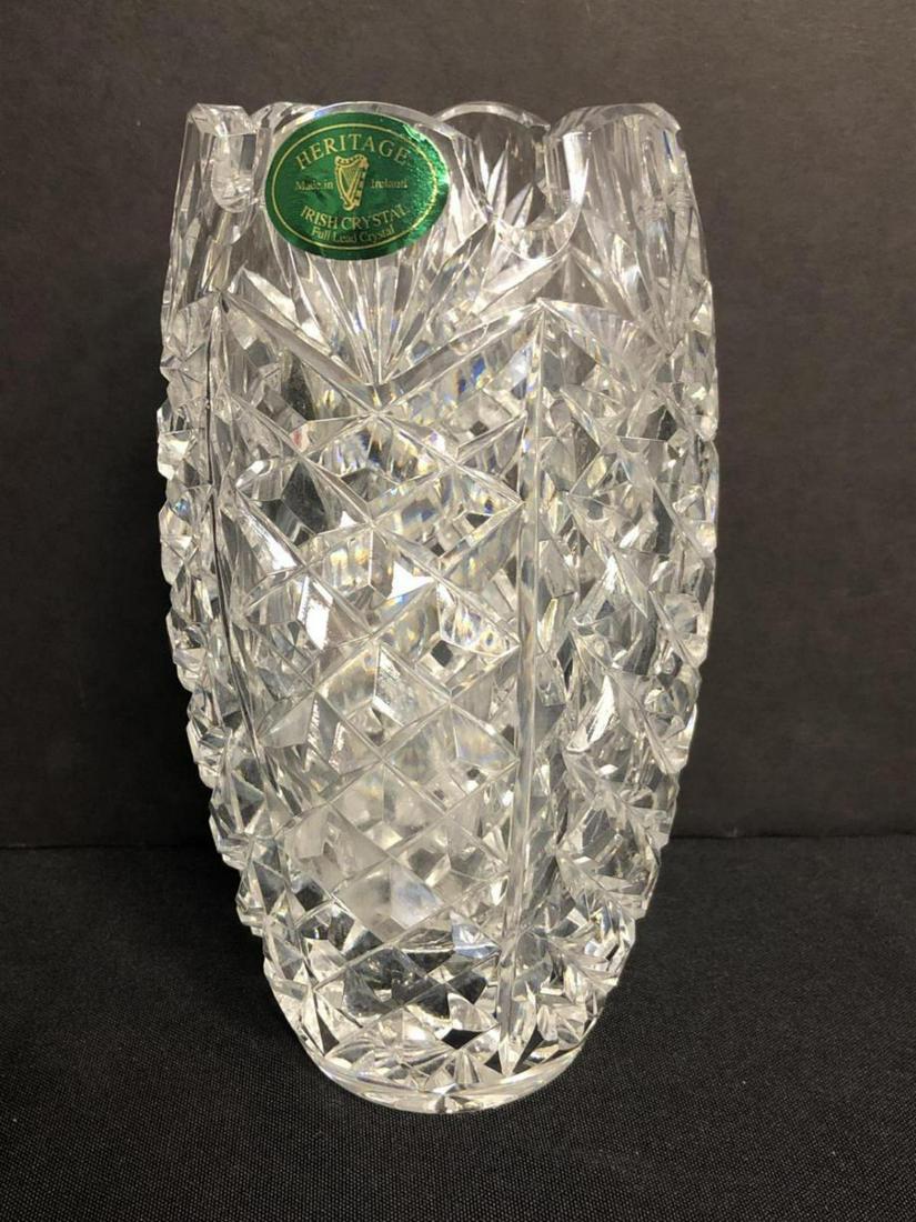 Heritage Cut Crystal Vase Hand Cut Mouth Blown: Heritage Clear Cut Full Lead Crystal Vase, Hand Cut, Mouth Blown. Crafted in Waterford City Ireland. Fully cut from top to bottom & acid etched with the company name on the bottom & exhibits the green
