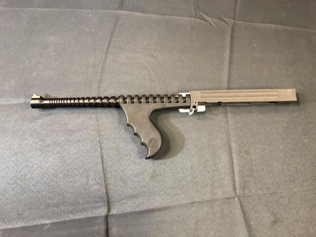 Cobray Upper Receiver 9mm Ribbed Barrel & Handle: Cobray Upper Receiver with Ribbed 9mm Barrel & Handle. Parkerized upper with a heavy blued 17" barrel & black plastic forearm pistol grip. 22 3/8" overall. 9mm. Appears unused.