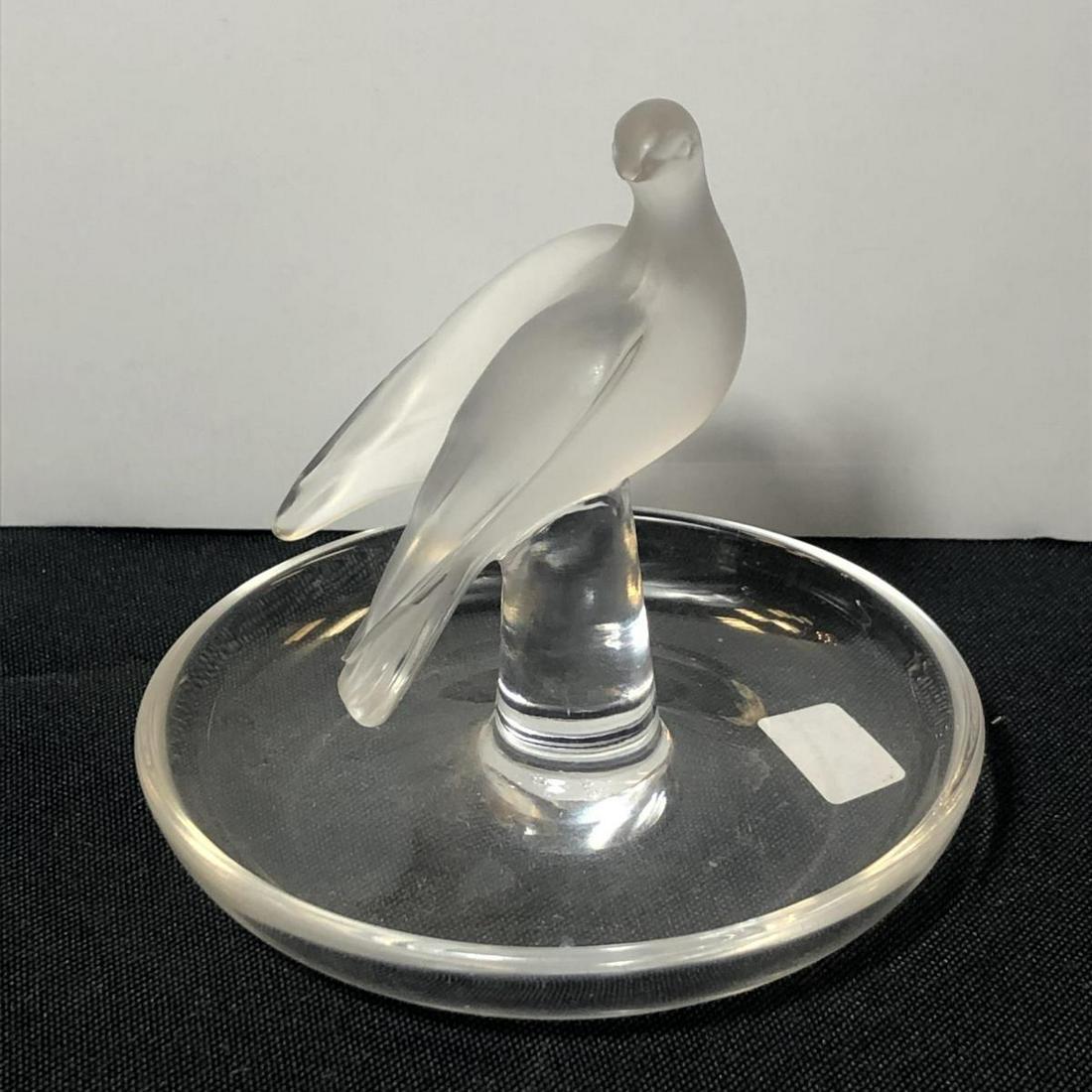 Vintage Lalique Glass Bird Ring Holder Pin Dish: Vintage Lalique Glass Bird Ring Holder Pin Dish. Frosted bird sculpture with clear base. Stands 3 1/2" tall.