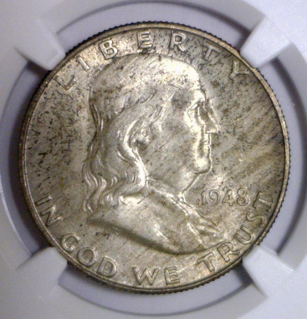 1948-D Franklin Silver Half NGC MS64 FBL: 1948-D Franklin Silver Half NGC MS64 FBL. A first year of issue, this half came from an original US Mint Set. The obverse offers some original striated toning, as the reverse is simply lightly toned o