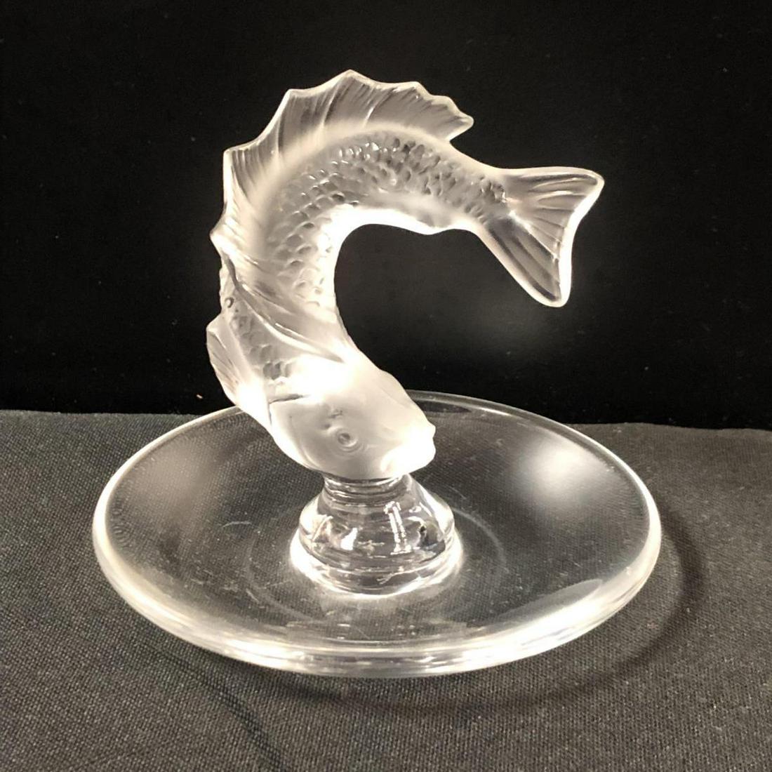 Lalique Crystal Jumping Carp Fish Ring Holder: Lalique Crystal Jumping Carp Fish Ring Holder. Stands 3" tall. Frosted koi fish. Lalique etching on the bottom of the ring holder.