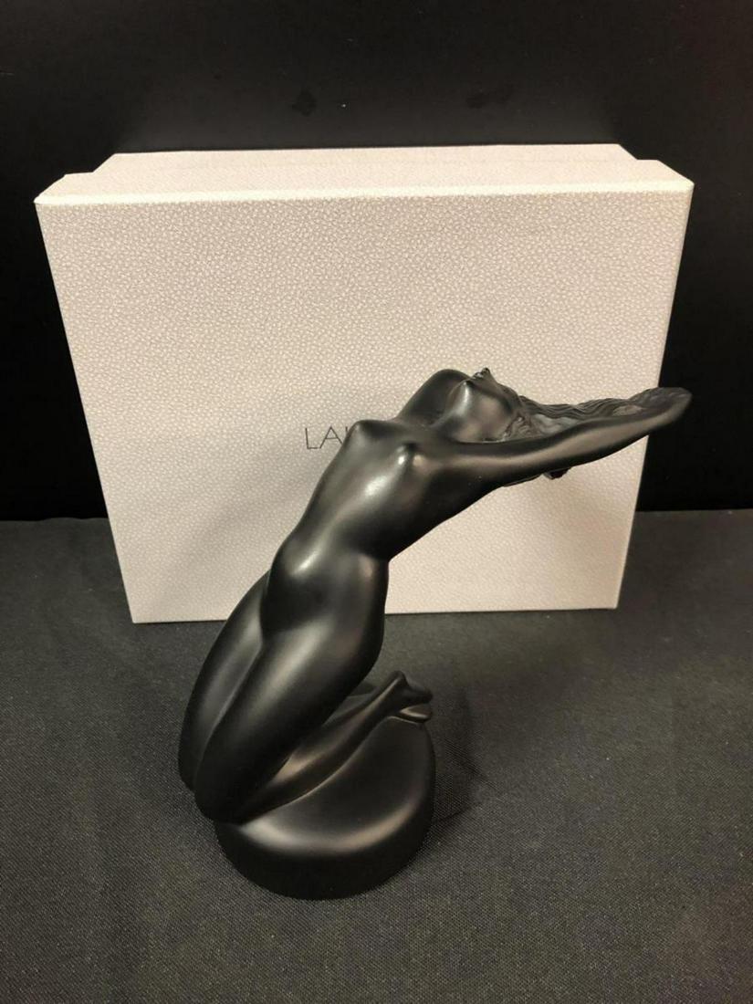 Lalique Chrysis Black Glass Noir Sculpture w/Box: Lalique Black Glass Noir Chrysis Hood Ornament Sculpture. Comes in Lalique grey box. Does not have the booklet with it.