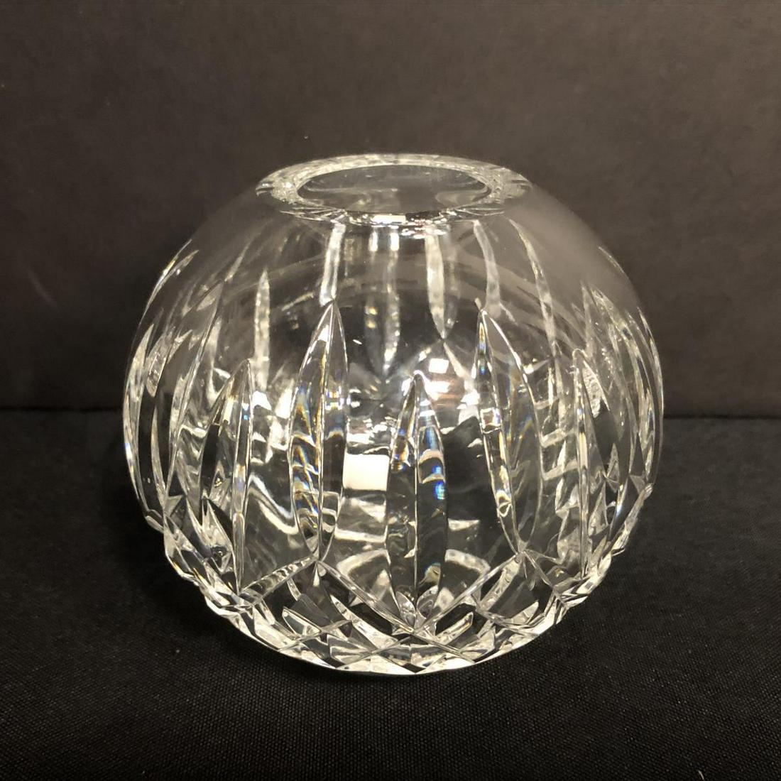 Waterford Lismore Pat. Cut Crystal Rose Bud Vase: Waterford Lismore Pattern Cut Crystal Rose Bud Vase. Clear lead crystal in 3 1/2" tall, 4" diameter, 1 1/8" top opening. Good condition with acid etched logo on bottom margin.