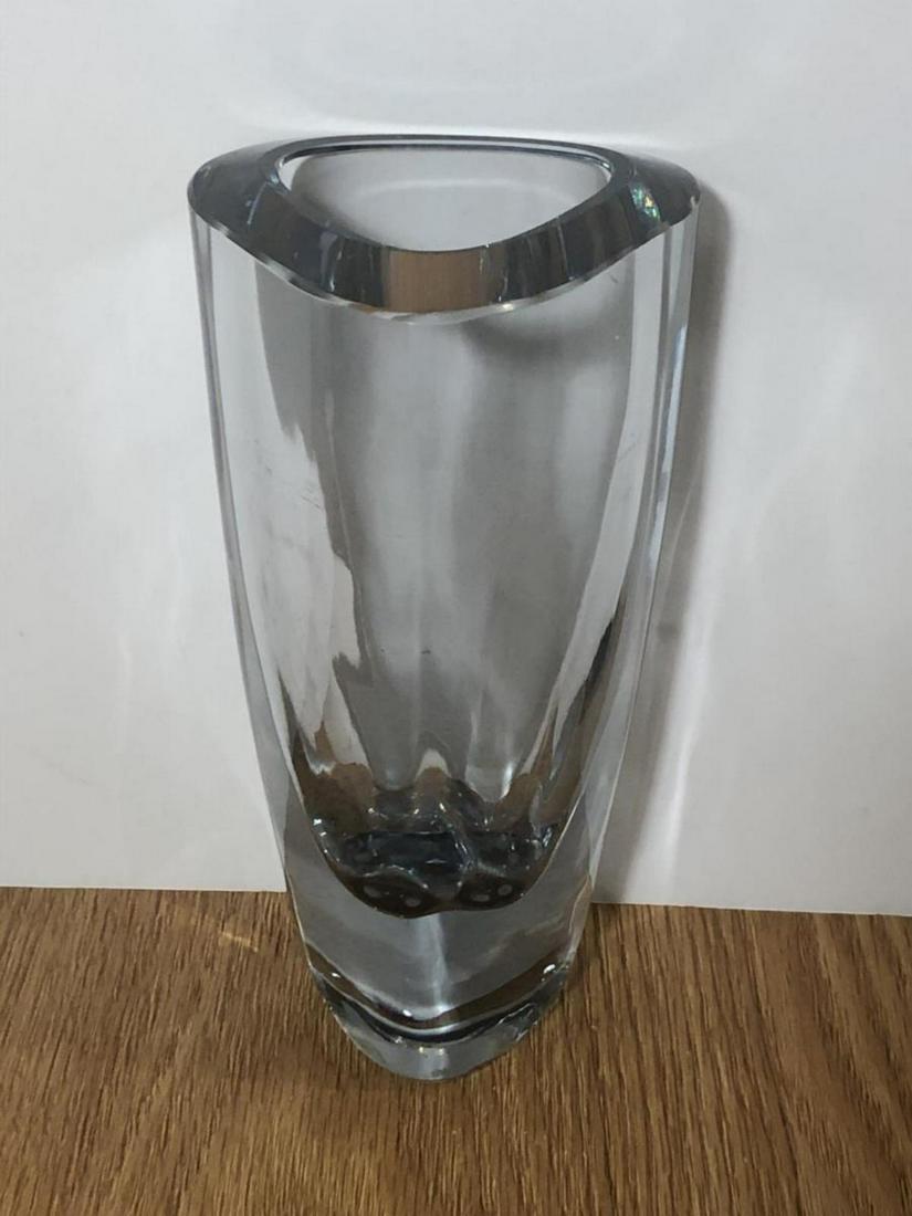 Stromberg Swedish Heavy Thick Glass Triangle Vase: Classic Stromberg Swedish Heavy Thick Glass Triangular Vase. This lightly opaque glass vase sits 6” tall, and the sides are a mighty ½” thick. Top diameter is 3”