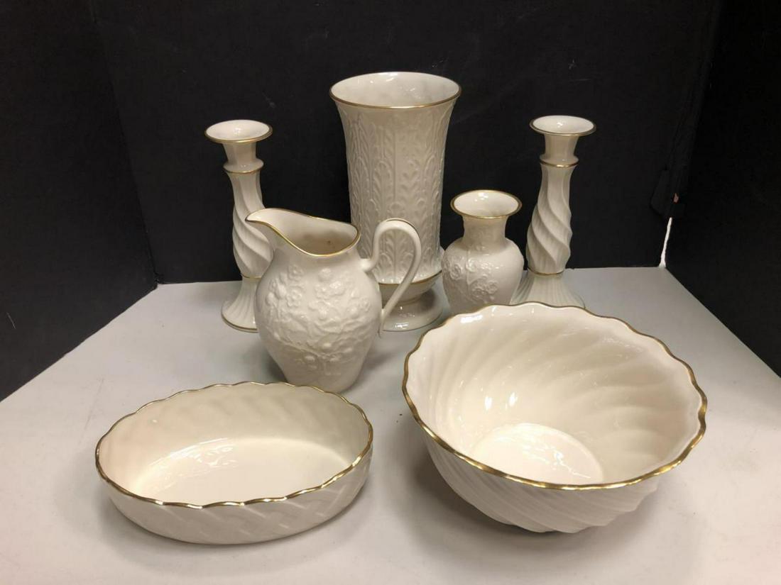 Large Lot of Vintage Lenox Porcelain Collectibles: Large Lot of Vintage Lenox Porcelain Collectibles Including: Matching round bowl & candlesticks with swirl design. Scalloped edge lattice work or cross hatch pattern oval bowl. Similar floral patterne