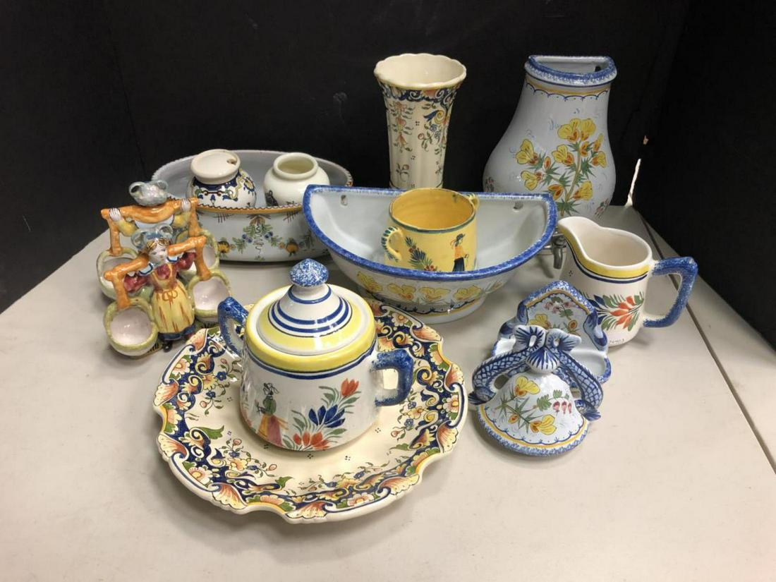 Hand Painted Henriot Quimper French Pottery Decor: Hand Painted Henriot Breton Quimper French Pottery Decorator Items. A large fun lot of hand painted collectibles including: Half water urn wall hanging with spigot & lid 11 1/2", Vase 8", Lidded sugar