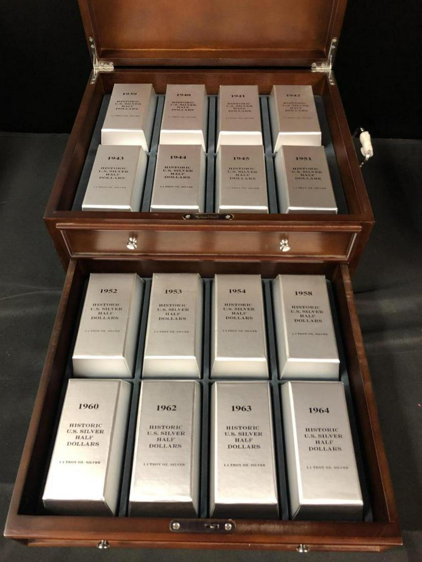 US Silver Half Walking Liberty & Franklin Set: This neat locking box contains 16 individual bar shaped boxes, each one with 3 silver half-dollars from that particular year. The years represented in this set are 1939 through 1945, and 1951 through 