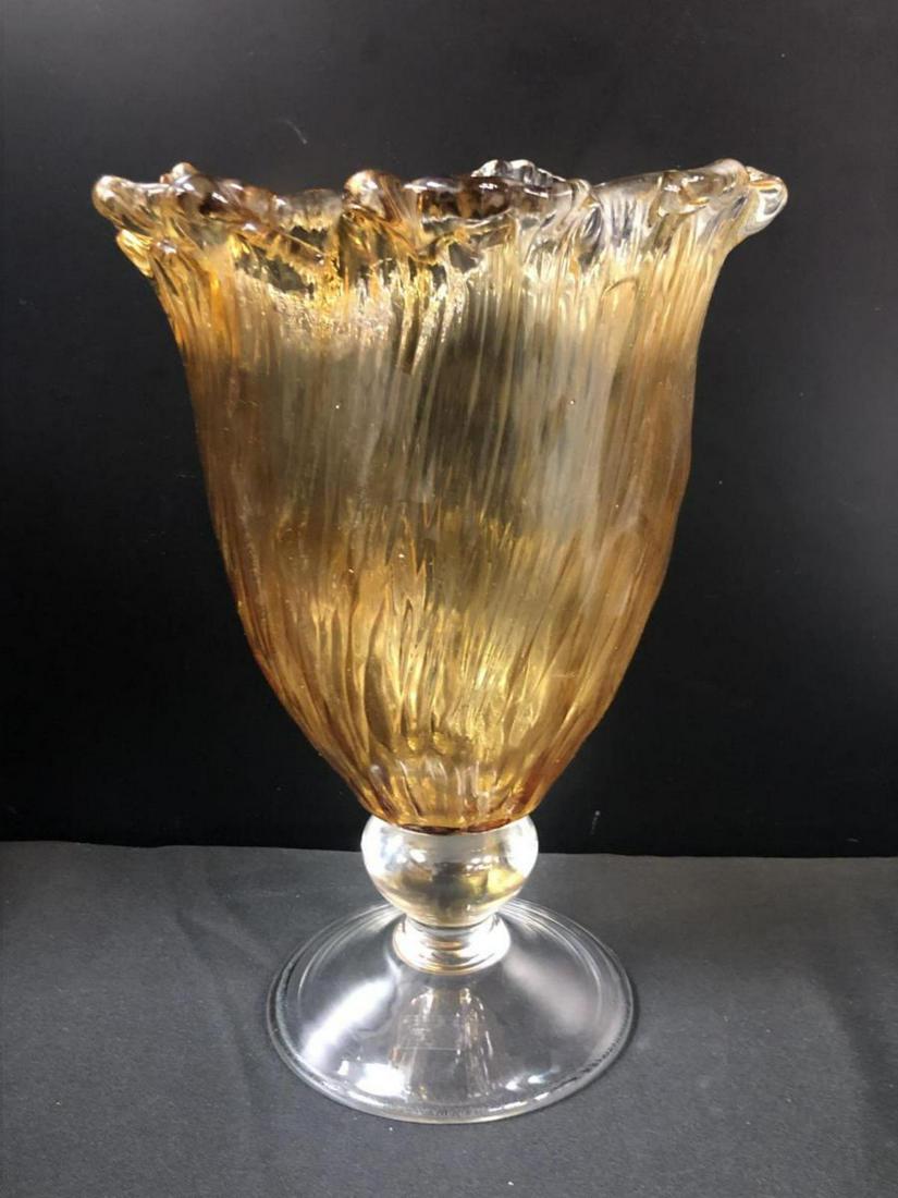 Large Murano Amber Colored Vase w/Sticker: Large Murano Amber Colored Vase w/Sticker, featuring a handkerchief style flared top, and a clear base. Original Murano sticker on base. Height is 12", and is 9" at its widest.