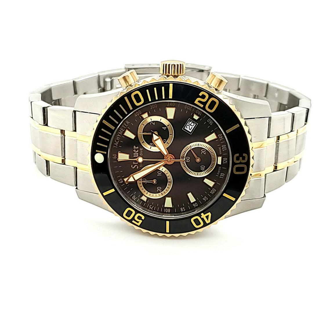 Men's two tone stainless steel Stauer watch: Men's two tone stainless steel quartz Stauer watch featuring a two tone link bracelet, black dial with 3 sub-dials, and sapphire crystal.