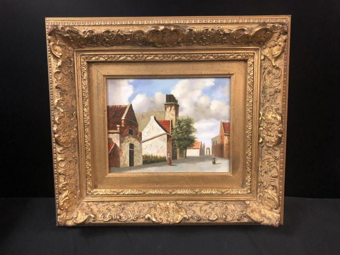 Oil on Board Painting by Y. Clark in Ornate Gilt: Oil on Board Painting by Y. Clark in Ornate Gold Gilt Frame. This great small sized realism-impressionist painting is artist signed bottom left. It is 10" across & 8" tall. The ornately styled frame i