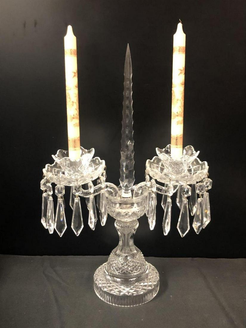 Vintage Cut Crystal Waterford C2 Candelabra: Vintage Cut Crystal Waterford No. C2 Candelabra with Instruction Sheet. A stunning piece of collectible crystal tableware. Acid etched logo's on most if not all pieces. 19 3/4" tall to top of spire. G