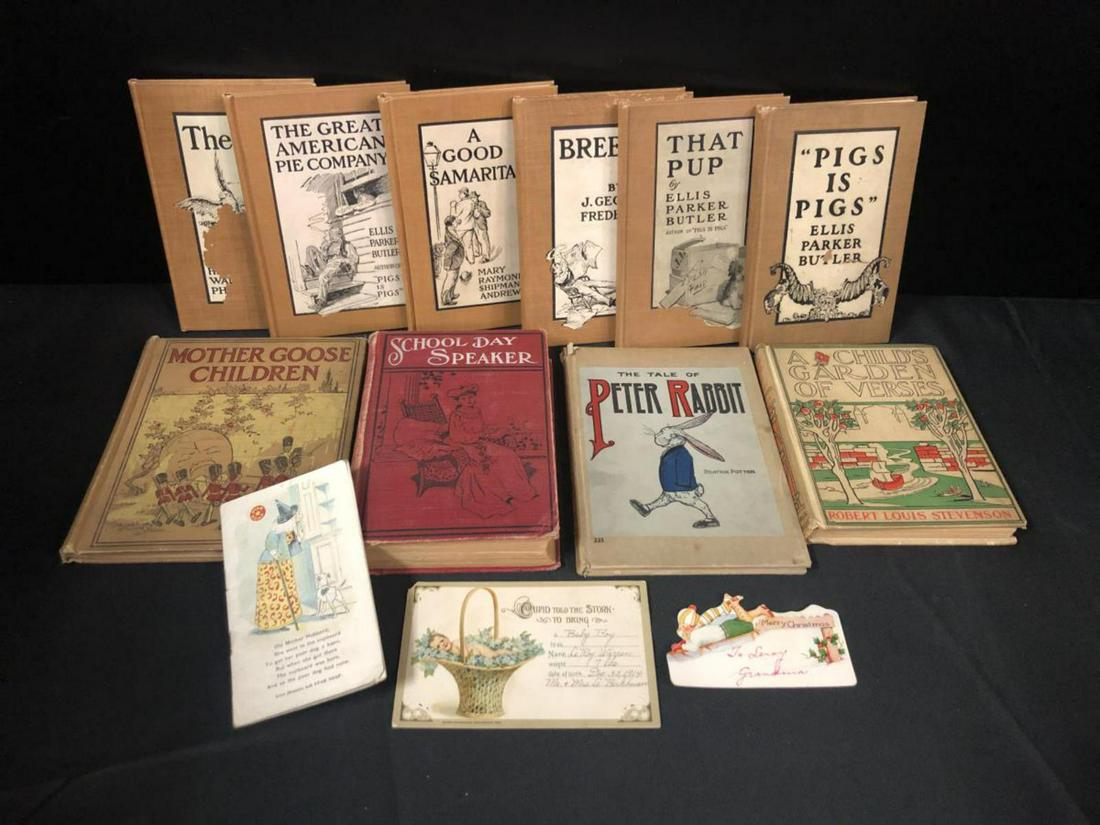 Lot of 10 Vintage Childrens Books Peter Rabbit: This lot of 10 vintage and antique childrens books consists of a set of 6 from circa 1906, some by Ellis Parker Butler, The Tale of Peter Rabbit by Beatrix Potter c1916, inscribed in 1921, A Childrens